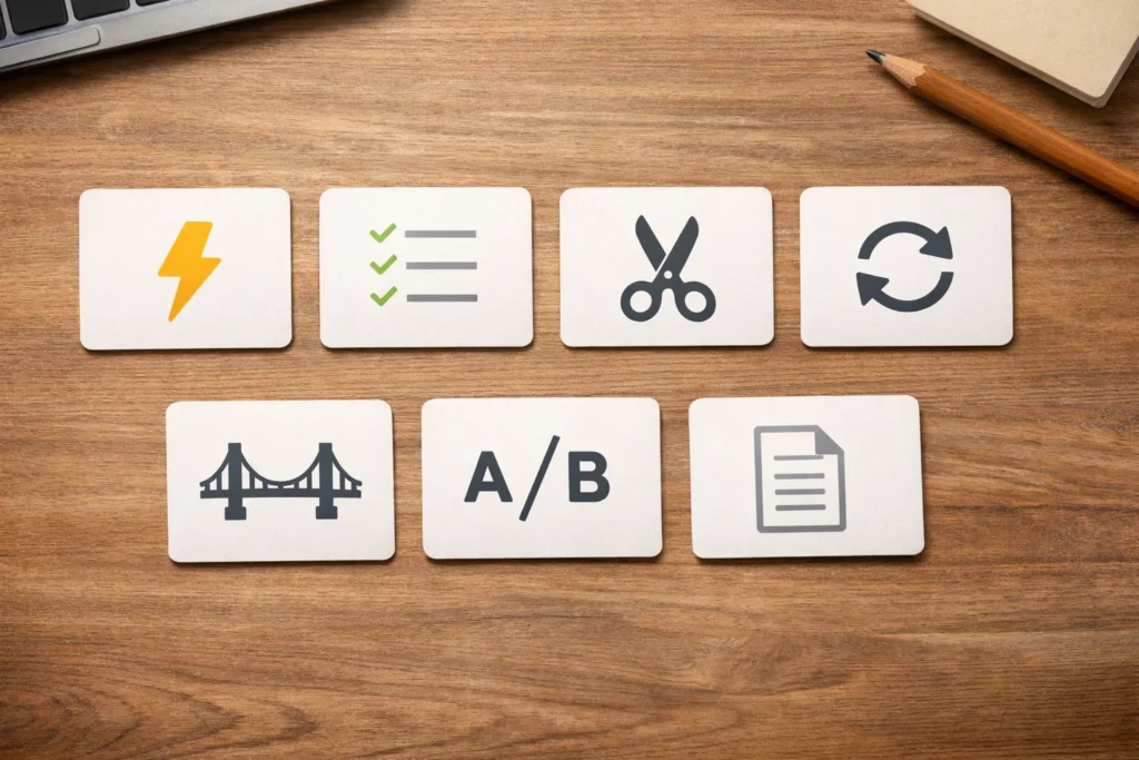 Visual icons representing seven ways creators use an AI script generator