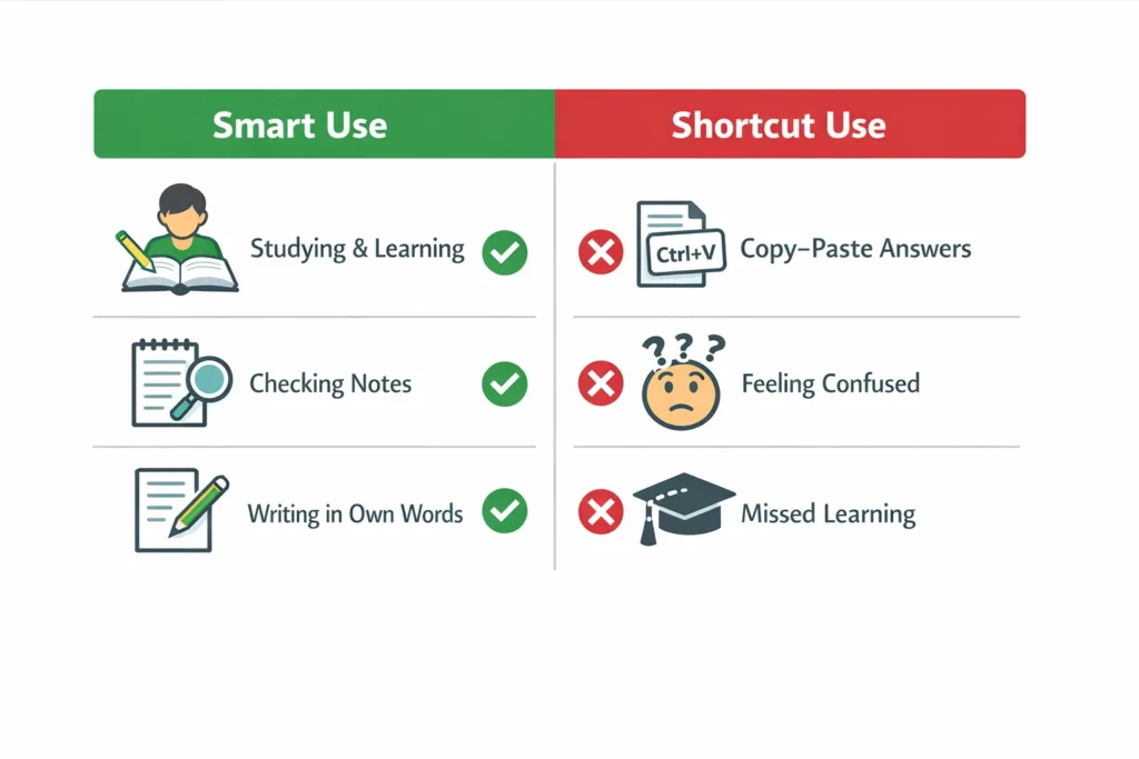 7 Clear Things to Know About an AI Homework Helper 2 comparison graphic showing responsible and shortcut ways students use homework help tools