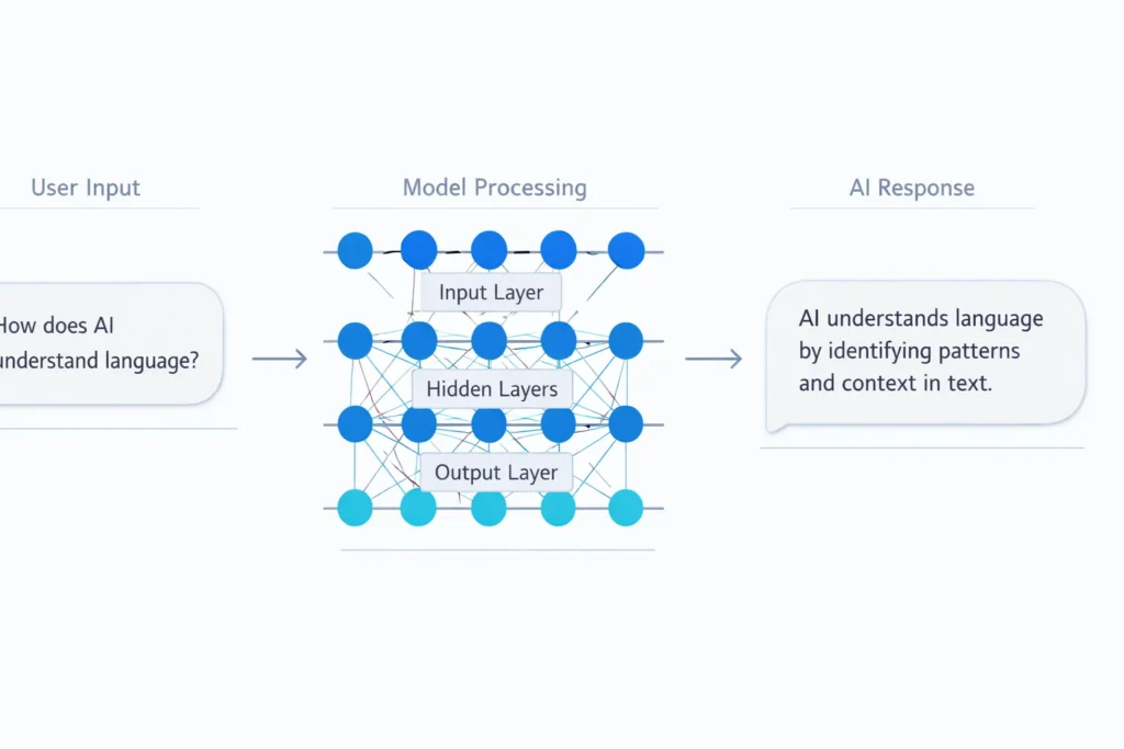 Diagram showing user input moving through AI model processing to generate a response