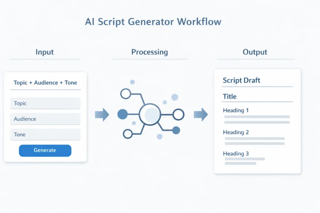 Diagram showing how an AI script generator turns inputs into a script draft