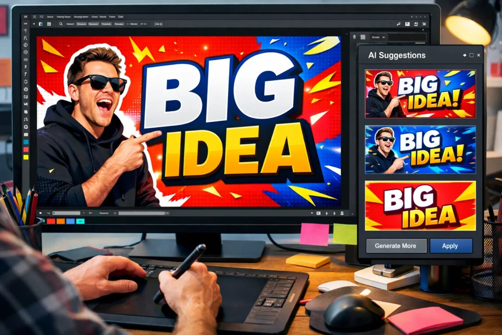 Creator designing a YouTube thumbnail with AI assistance