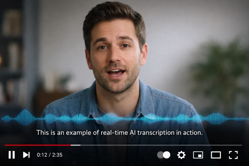 AI-generated subtitles appearing on a YouTube video