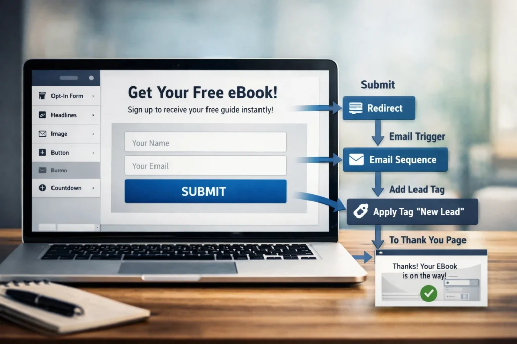 Visual workflow showing how funnel builder forms and buttons trigger actions like redirects tags and email automation