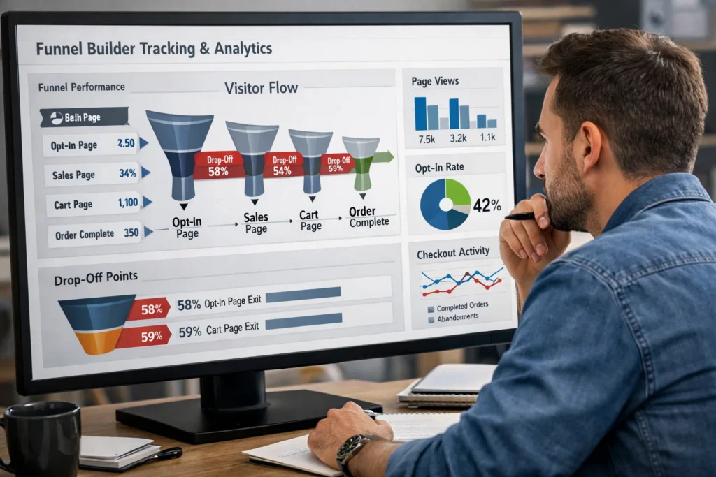 Analytics dashboard showing funnel step tracking conversions drop-off points and visitor behavior inside a funnel builder