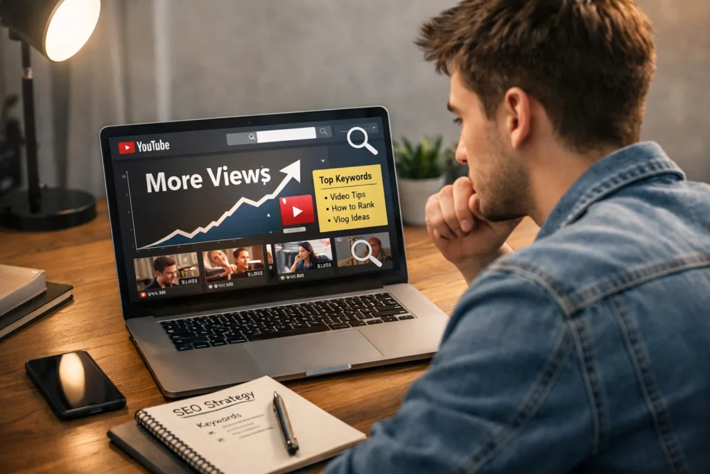 Beginner creator planning a YouTube SEO strategy with laptop, analytics screen, and video growth elements