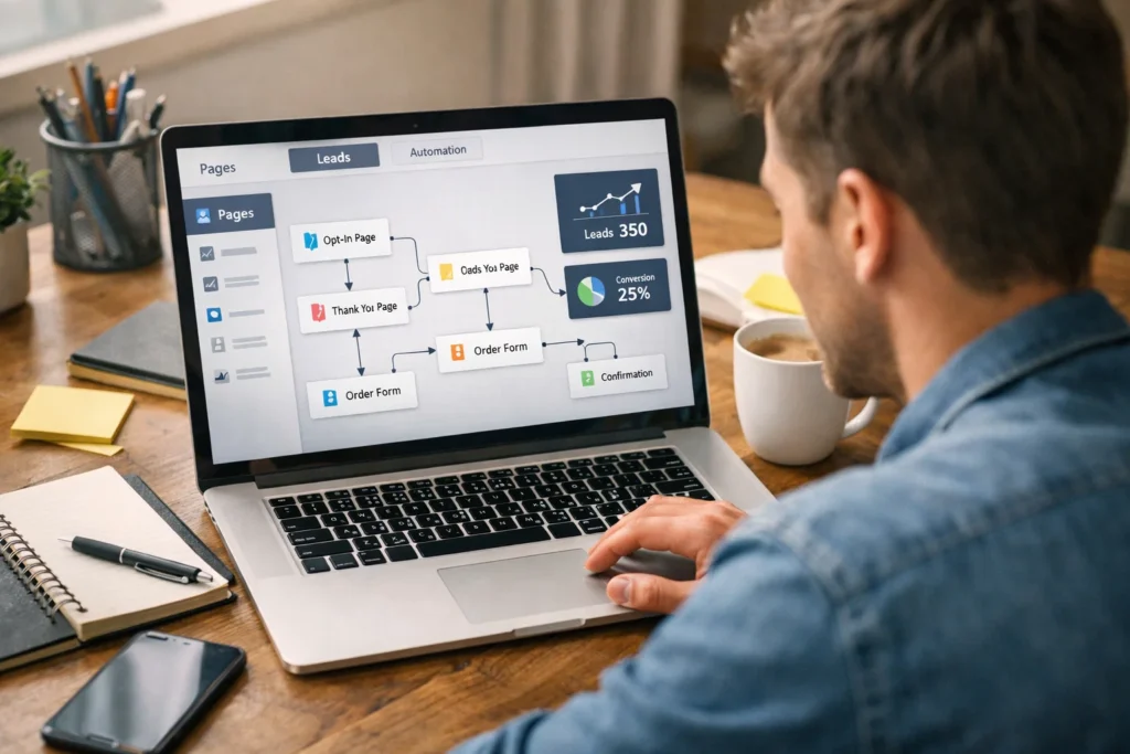 Beginner marketer viewing funnel builders workflow on laptop with pages automation and tracking elements