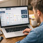 Beginner marketer viewing funnel builders workflow on laptop with pages automation and tracking elements