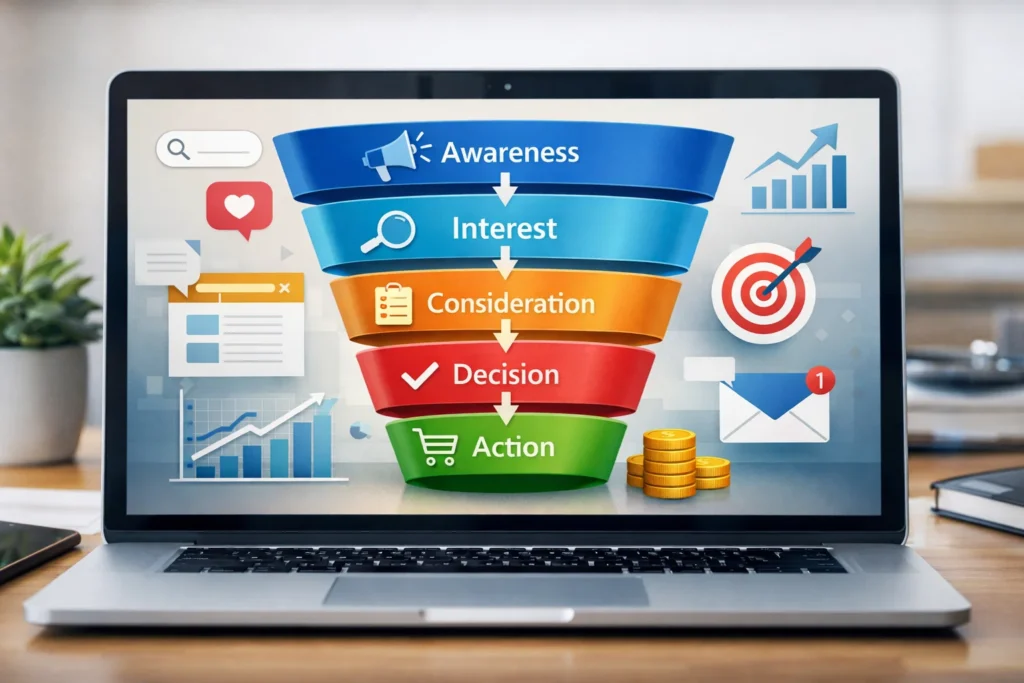 Chart-style visual showing the main stages of a sales funnel from awareness to action