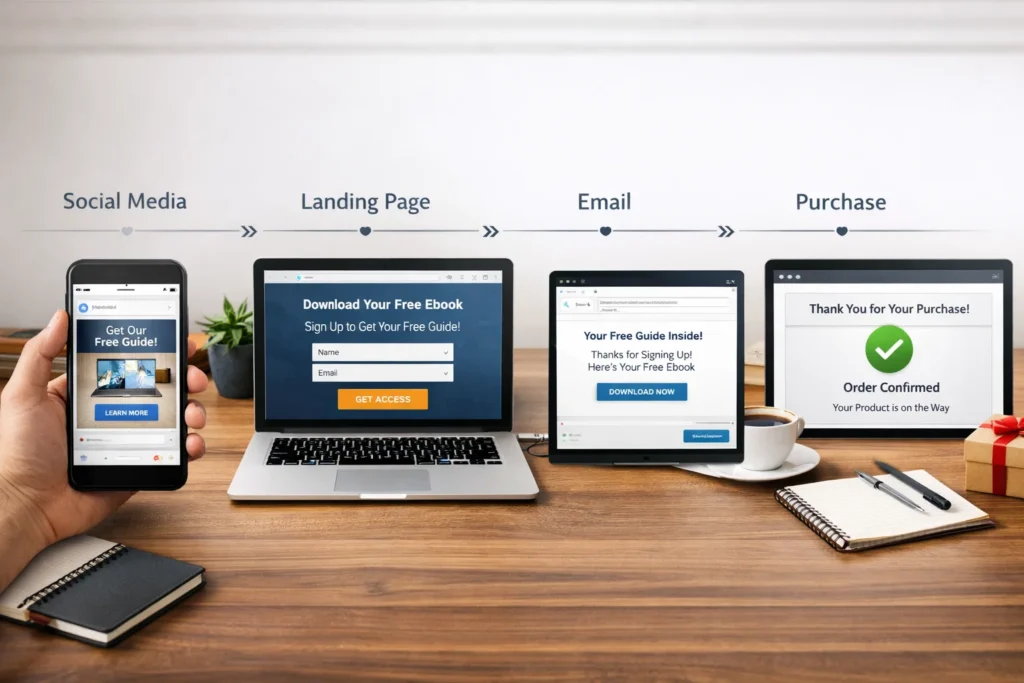 Visual example of a beginner sales funnel with social media traffic landing page email follow-up and final purchase