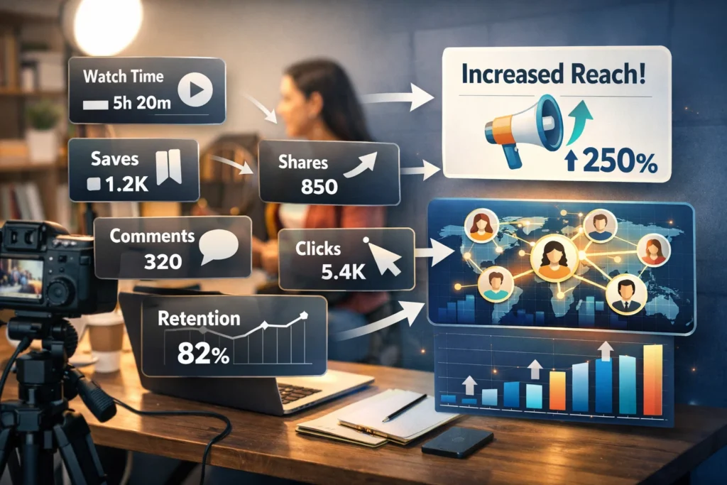 Chart-style visual showing engagement signals like watch time saves shares and comments used by social media platforms