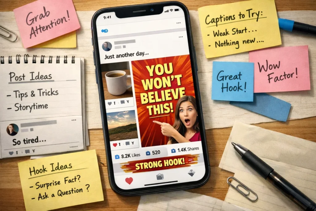 Visual scene showing strong social media hooks and scroll-stopping post ideas on a phone screen