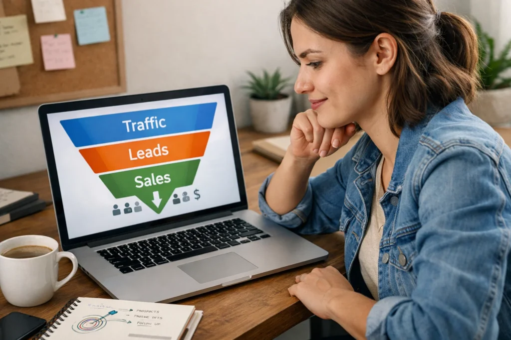 Beginner marketer viewing a simple sales funnel flow on laptop with traffic leads and sales stages