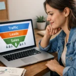 Beginner marketer viewing a simple sales funnel flow on laptop with traffic leads and sales stages