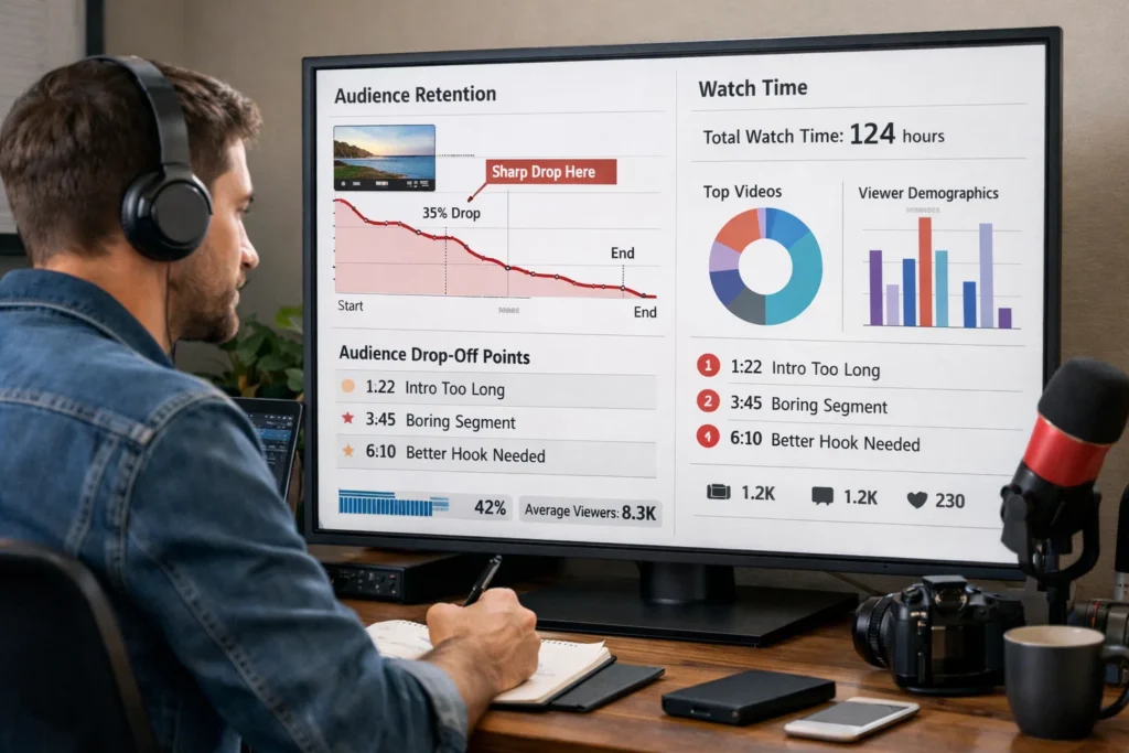 YouTube retention and watch time analytics shown on screen while a creator reviews video performance