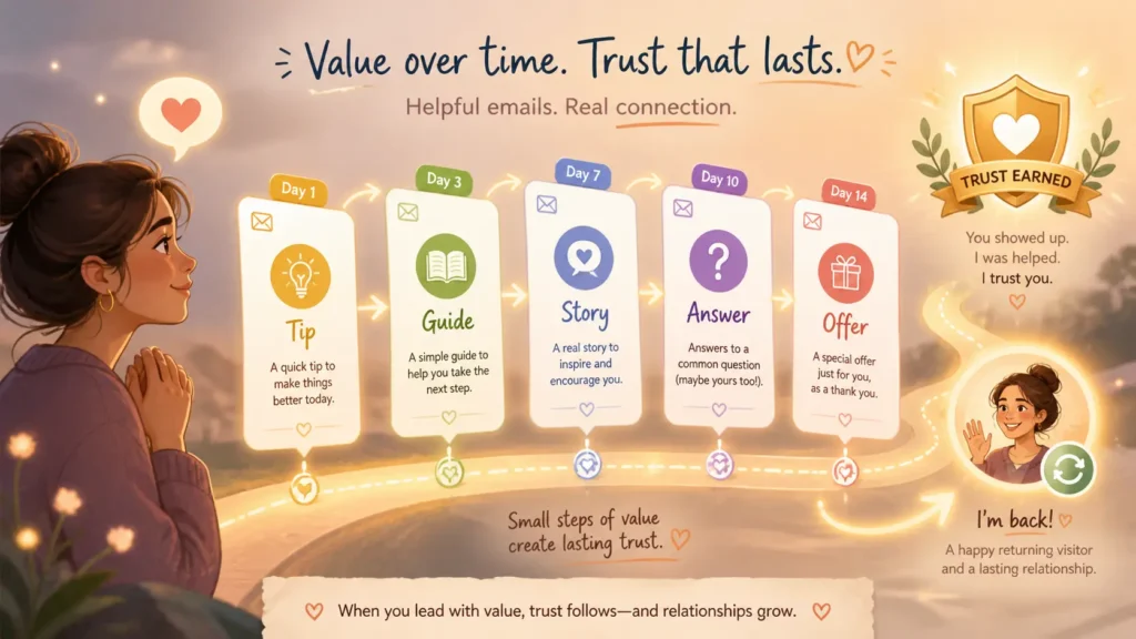 Email sequence showing how helpful messages build trust with a subscriber over time.