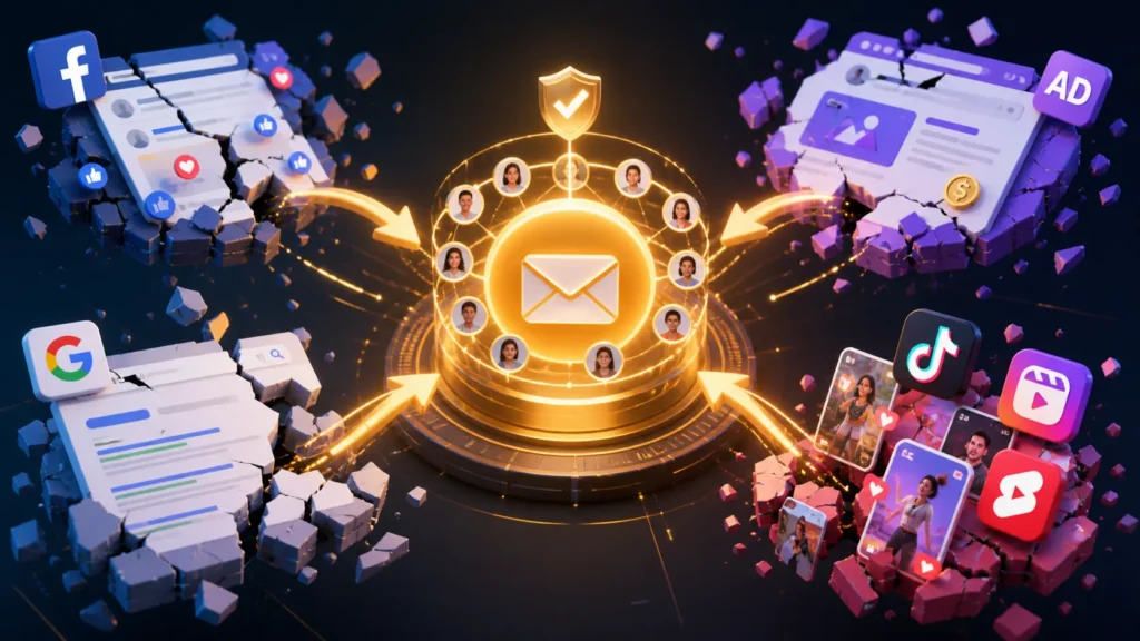 Email list shown as a stable audience hub compared with social media, search, and ads.