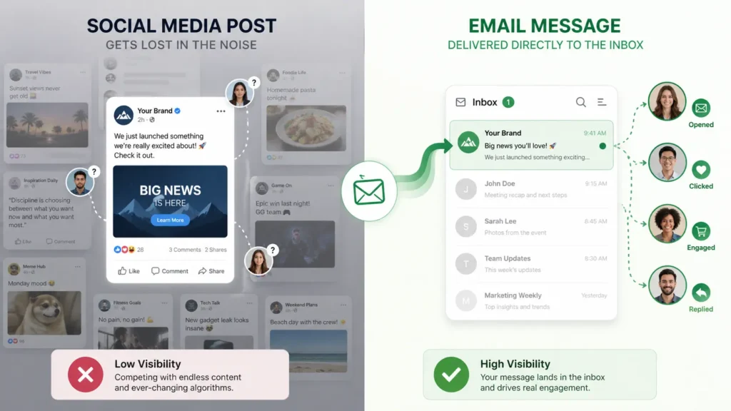 Visual comparison showing email reaching subscribers more directly than social media posts.