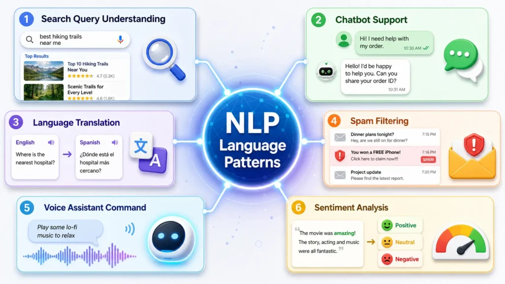 What Is Natural Language Processing? A Clear Beginner Guide 2 Everyday examples of natural language processing including search, chatbots, translation, spam filters, and voice assistants.