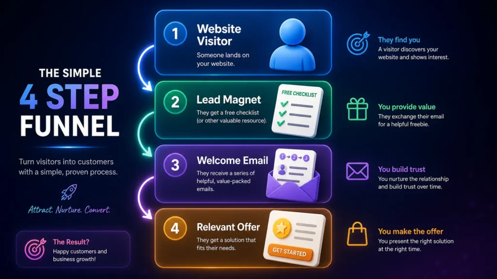 Beginner-friendly funnel showing how a lead magnet turns visitors into subscribers and customers.