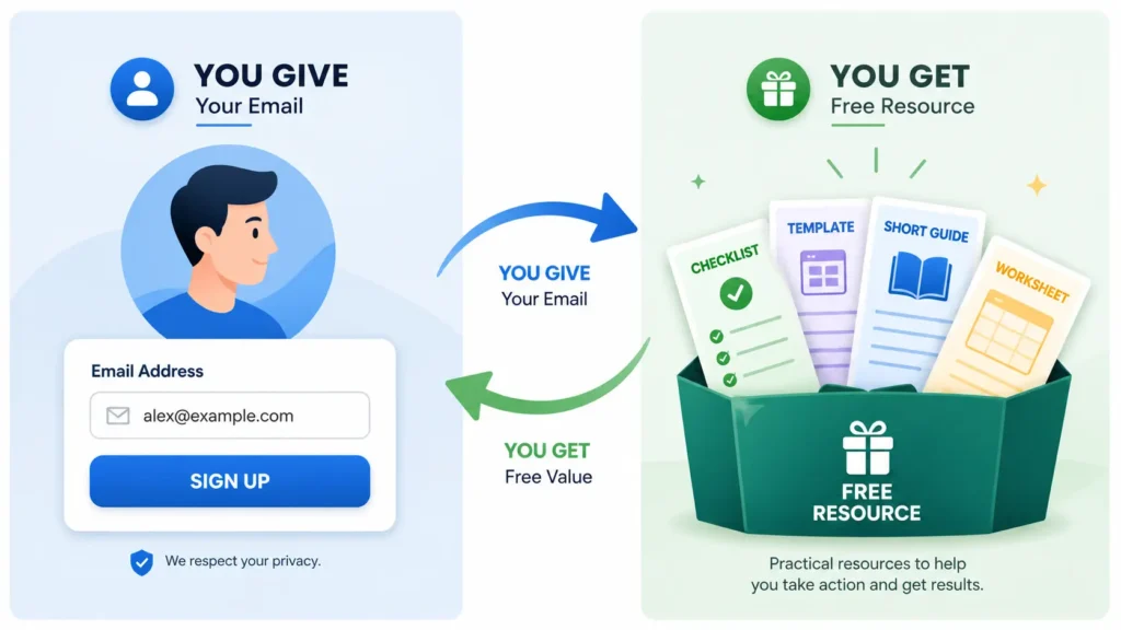 Lead magnet value exchange showing a free resource given for an email address.