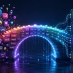 Natural language processing shown as a bridge between messy human language and clear computer understanding.