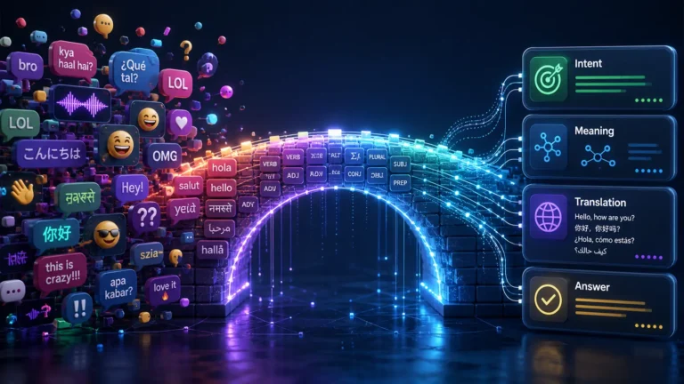 Natural language processing shown as a bridge between messy human language and clear computer understanding.