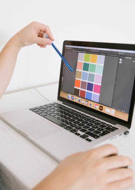 Person choosing color palette on laptop for free brand identity