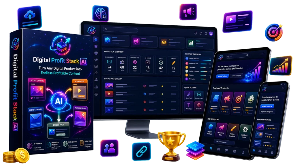 Digital Profit Stack AI product bundle with dashboard on monitor tablet and phone | Digital Profit Stack AI Review