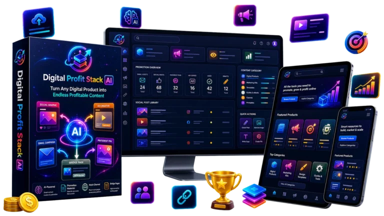 Digital Profit Stack AI product bundle with dashboard on monitor tablet and phone | Digital Profit Stack AI Review